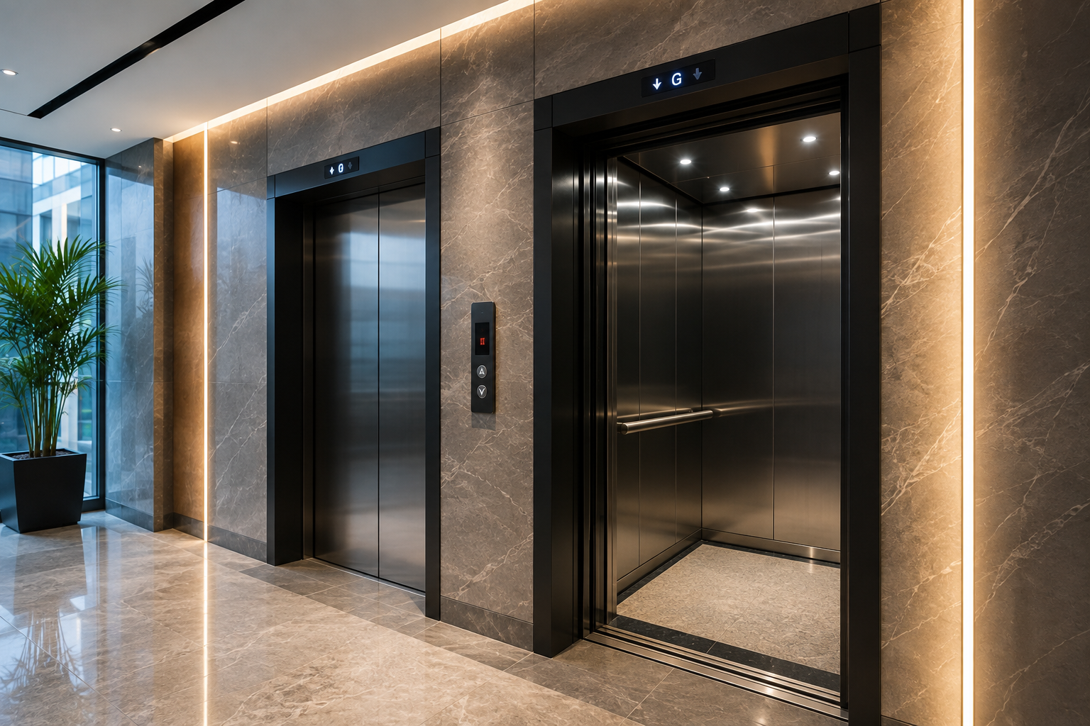 Modern commercial elevator lobby